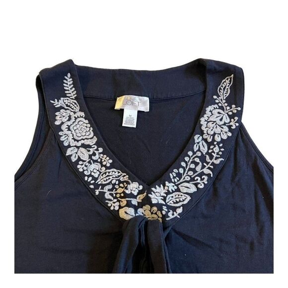 LOFT Womens Navy Blue Sleeveless Floral Embroidered Collar Bow Medium Tank Top - Picture 2 of 6